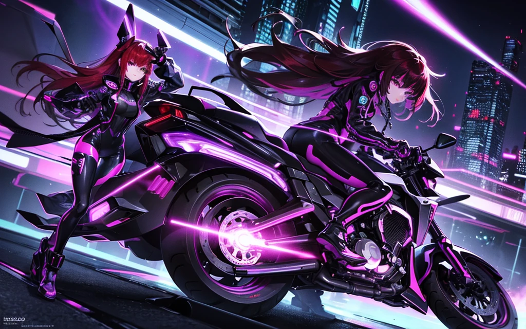 它 transports me to a cyberpunk world full of mystery and futurism. 我想像這個動漫女孩騎著她的賽博龐克摩托車, 夜晚的城市被霓虹燈包圍. 他的紫色和黑色西裝, 閃亮的鏈條和她的紅髮營造出迷人的形象. 摩托車, 其閃亮的表面和貓形頭盔, 增添了一絲神秘感. 它&#39;就像她一样&#39;準備好來一場令人興奮的夜間冒險吧!! .