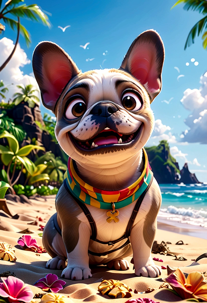 （Highest quality，4K，8K，High resolution，）Private beach in Hawaii at noon、Infinity symbol，3D Model，Colorful colors，Hawaii private beach background、pop，From the central viewer&#39;perspective、French Bulldog iidSummer StylePatissierFashionStyle，To the beach、face、Under the chin、Stomach、head、feet、ear、all、Light grey skinned French bulldog，Very delicate
