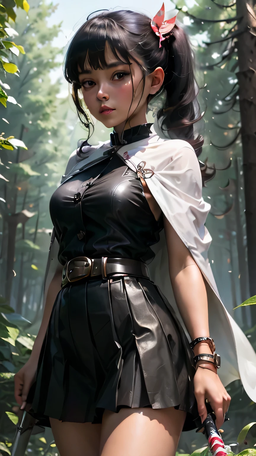 ((masterpiece, best quality, highres)), depth of field, 
BREAK, 1girl, standing, cowboy shot, holding sword, 
BREAK, (outdoor, forest),   
BREAK, aakanao, long hair, side ponytail, hair ornament,  
BREAK, white cape, black jacket, sleeveless top , fishnet top , belt, pleated skirt, black short  skirt,