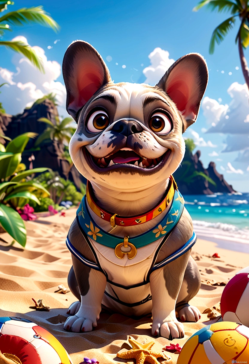 （Highest quality，4K，8K，High resolution，）Private beach in Hawaii at noon、Infinity symbol，3D Model，Colorful colors，Hawaii private beach background、pop，From the central viewer&#39;perspective、French Bulldog iid summer style sports uniform，Fashion Style，To the beach、face、Under the chin、Stomach、head、feet、ear、all、Light grey skinned French bulldog，Very delicate