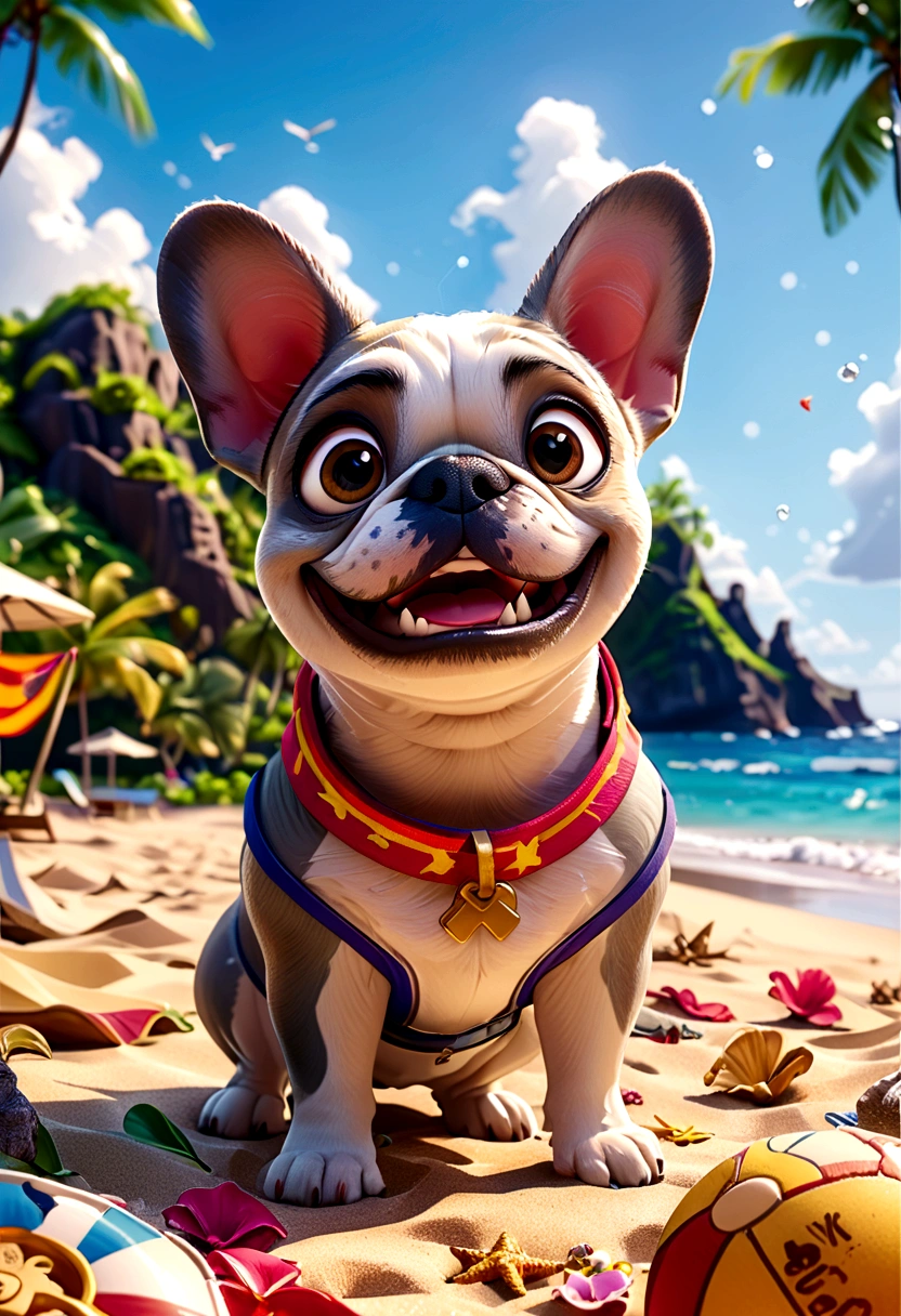 （Highest quality，4K，8K，High resolution，）Private beach in Hawaii at noon、Infinity symbol，3D Model，Colorful colors，Hawaii private beach background、pop，From the central viewer&#39;perspective、French Bulldog iid summer style sports uniform，Fashion Style，To the beach、face、Under the chin、Stomach、head、feet、ear、all、Light grey skinned French bulldog，Very delicate