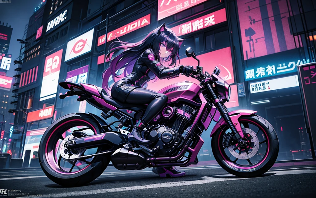 I imagine a cyberpunk world full of mystery and futurism. I imagine this anime girl on her cyberpunk motorcycle, surrounded by neon lights in a night city. His purple and black suit, The shiny chains and her red hair create an intriguing image. The motorcycle, with its shiny surface and cat-shaped helmet, adds a touch of enigma. It&#39;s like she&#39;s ready for an exciting nighttime adventure!! .