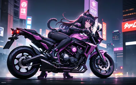 I imagine a cyberpunk world full of mystery and futurism. I imagine this anime girl on her cyberpunk motorcycle, surrounded by n...