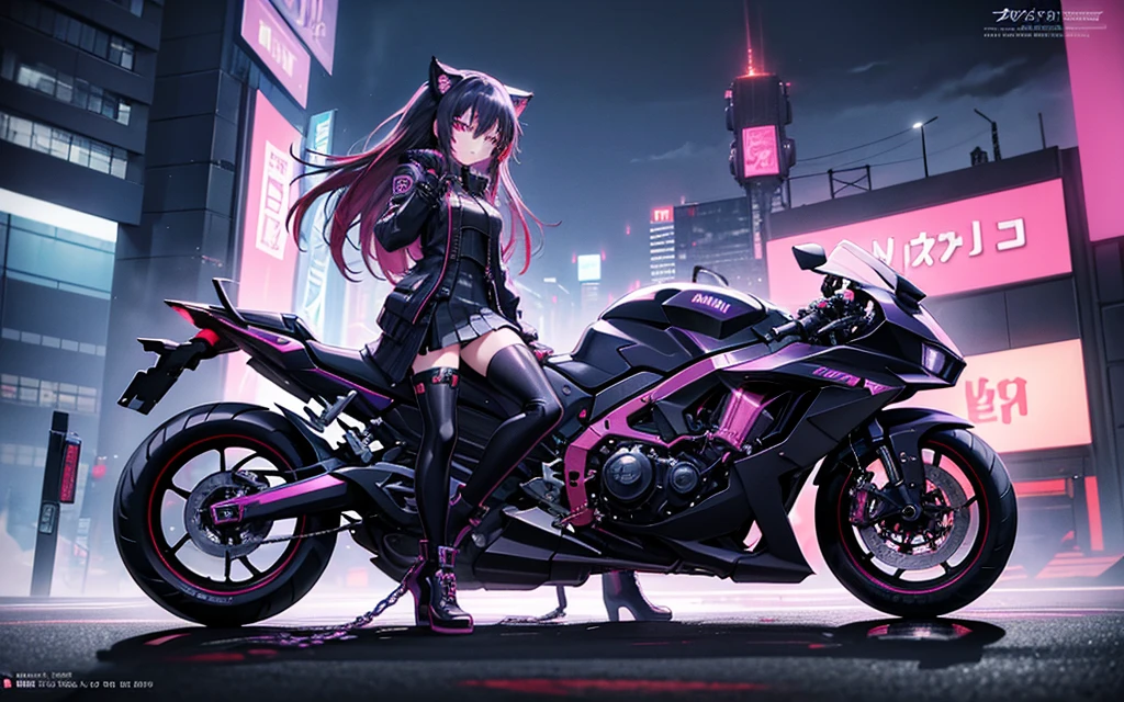 I imagine a cyberpunk world full of mystery and futurism. I imagine this anime girl on her cyberpunk motorcycle, surrounded by neon lights in a night city. His purple and black suit, The shiny chains and her red hair create an intriguing image. The motorcycle, with its shiny surface and cat-shaped helmet, adds a touch of enigma. It&#39;s like she&#39;s ready for an exciting nighttime adventure!! .