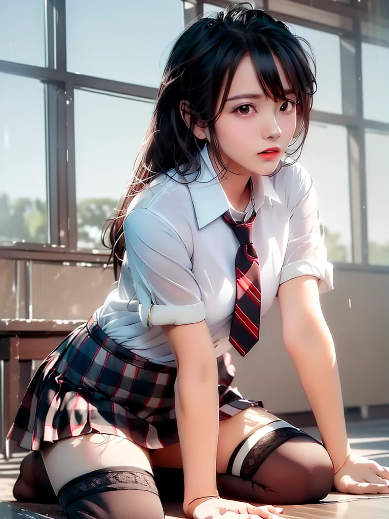 (masterpiece, best quality:1.2), a hyperrealistic , solo, 1girl, yukinoshita yukino, (shiny skin, wet skin:1.2), sweating, slight smile, looking at viewer, on all fours, , white shirt, plaid skirt, thighhighs, afternoon, classroom hyperrealistic , cut hair, beautifull girl, sexy girl