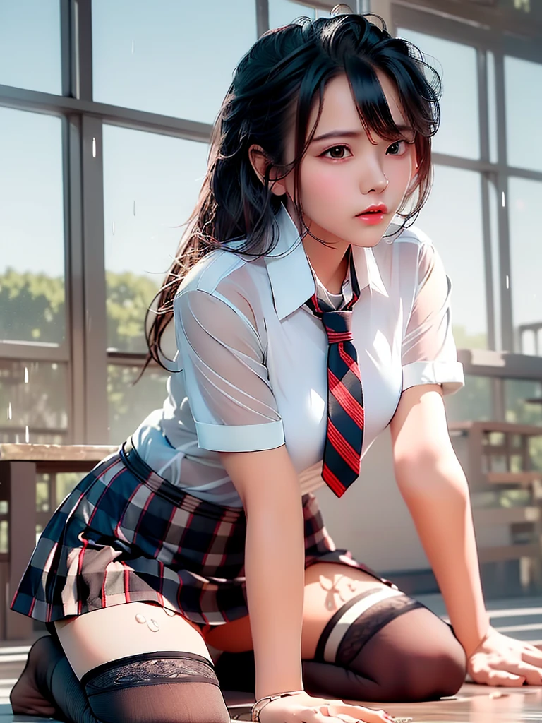 (masterpiece, best quality:1.2), a hyperrealistic , solo, 1girl, yukinoshita yukino, (shiny skin, wet skin:1.2), sweating, slight smile, looking at viewer, on all fours, , white shirt, plaid skirt, thighhighs, afternoon, classroom hyperrealistic , cut hair, beautifull girl, sexy girl