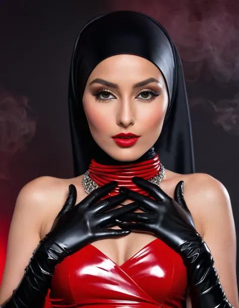 sexy naked. a very thin model. latex hijab. shiny steel bracelets on top of black gloves. and shiny steel bracelet necklaces are...