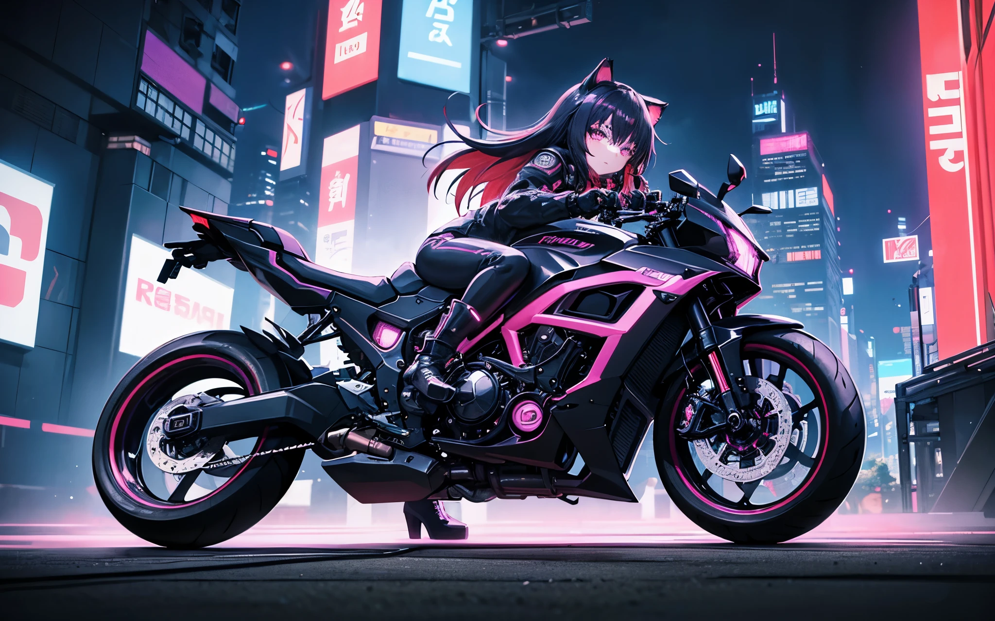 I imagine a cyberpunk world full of mystery and futurism. I imagine this anime girl on her cyberpunk motorcycle, surrounded by neon lights in a night city. His purple and black suit, The shiny chains and her red hair create an intriguing image. The motorcycle, with its shiny surface and cat-shaped helmet, adds a touch of enigma. It&#39;s like she&#39;s ready for an exciting nighttime adventure!! .