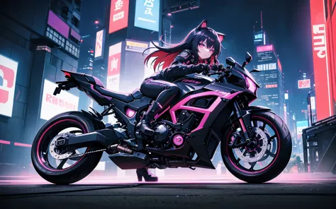 i imagine a cyberpunk world full of mystery and futurism. i imagine this anime girl on her cyberpunk motorcycle, surrounded by n...