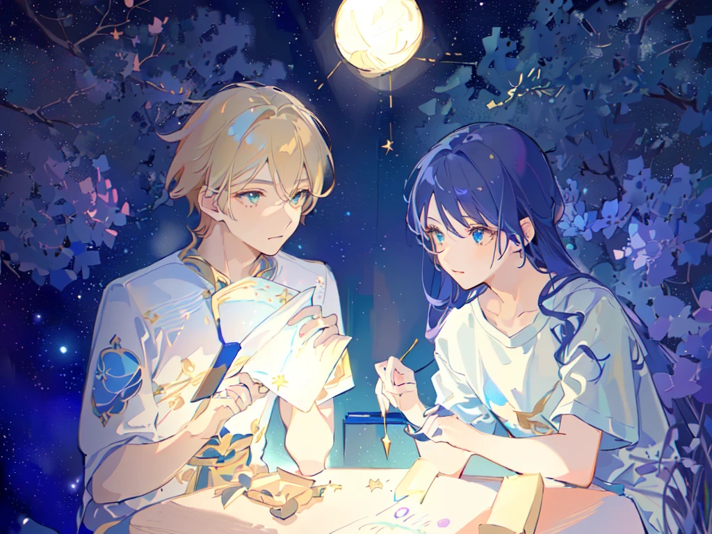 Two boys，The person on the left has blond hair，The person on the right has dark blue hair，White T-shirt，Background is starry sky，night，Beautiful starry sky，Hold a fireworks stick，hanabi，Hanabi，The right light and shadow，8K，Correct human body，Detailed eye painting，illustration，Highest quality，Exquisite，Detailed face，Masterpiece，flat chest，Slim，young，16 years old，High-end，Hand Painted，Official Fanart, Visual novel, Anime style，Girly Romance, Produced by Anime Painter Studio，masterpiece, best quality, Sharp focus, Intricate details, Perfect, Golden Ratio Composition, 8K resolution, High resolution, fair, fair sky, Vibrant pastel colors, Vibrant colors