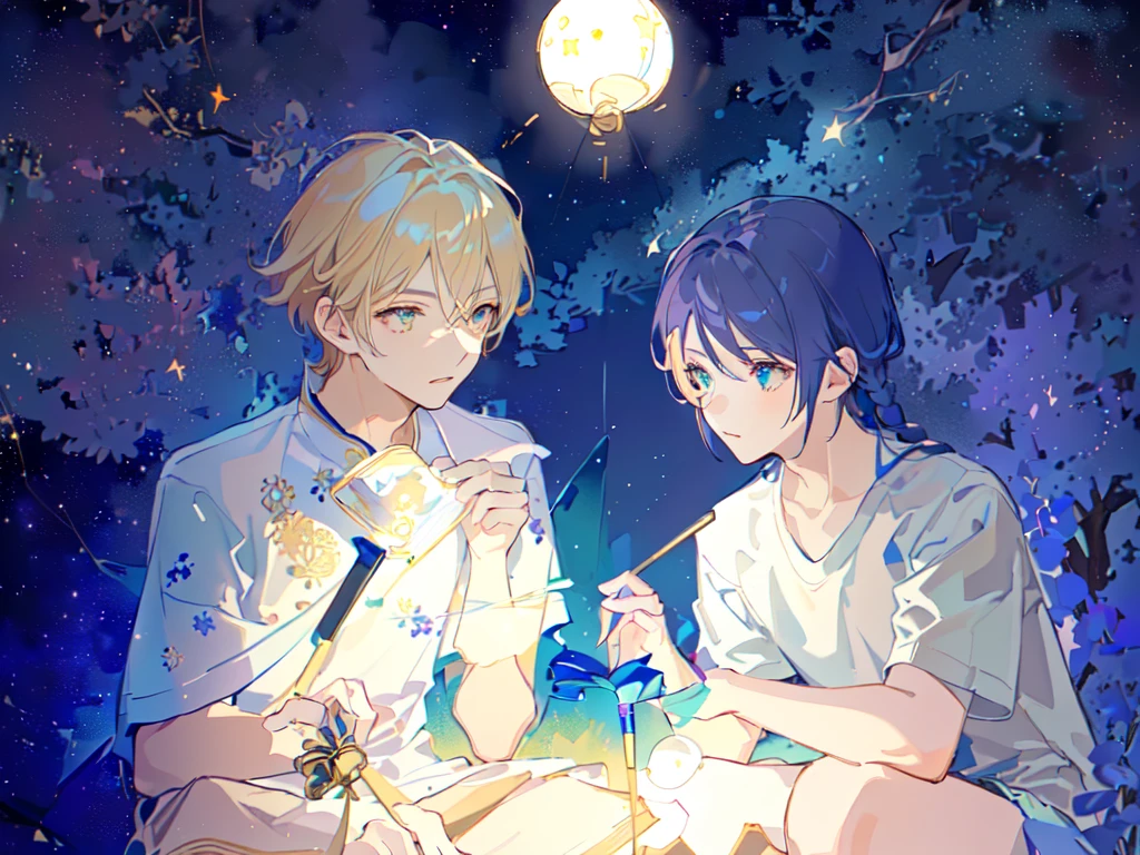 Two boys，The person on the left has blond hair，The person on the right has dark blue hair，White T-shirt，Background is starry sky，night，Beautiful starry sky，Hold a fireworks stick，hanabi，Hanabi，The right light and shadow，8K，Correct human body，Detailed eye painting，illustration，Highest quality，Exquisite，Detailed face，Masterpiece，flat chest，Slim，young，16 years old，High-end，Hand Painted，Official Fanart, Visual novel, Anime style，Girly Romance, Produced by Anime Painter Studio，masterpiece, best quality, Sharp focus, Intricate details, Perfect, Golden Ratio Composition, 8K resolution, High resolution, fair, fair sky, Vibrant pastel colors, Vibrant colors