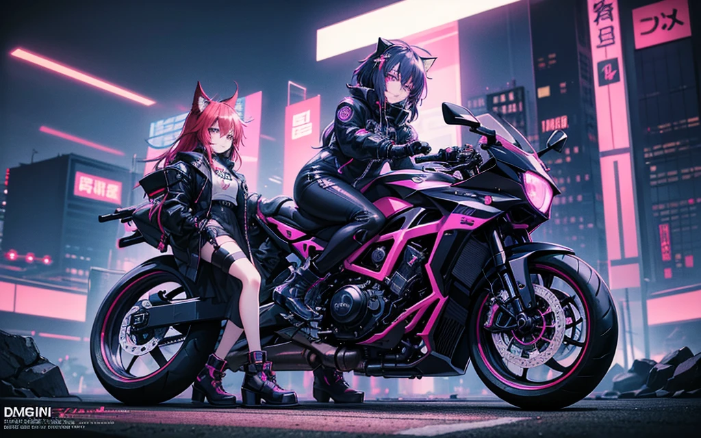 I imagine a cyberpunk world full of mystery and futurism. I imagine this anime girl on her cyberpunk motorcycle, surrounded by neon lights in a night city. His purple and black suit, The shiny chains and her red hair create an intriguing image. The motorcycle, with its shiny surface and cat-shaped helmet, adds a touch of enigma. It&#39;s like she&#39;s ready for an exciting nighttime adventure!! .