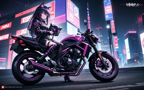 I imagine a cyberpunk world full of mystery and futurism. I imagine this anime girl on her cyberpunk motorcycle, surrounded by n...