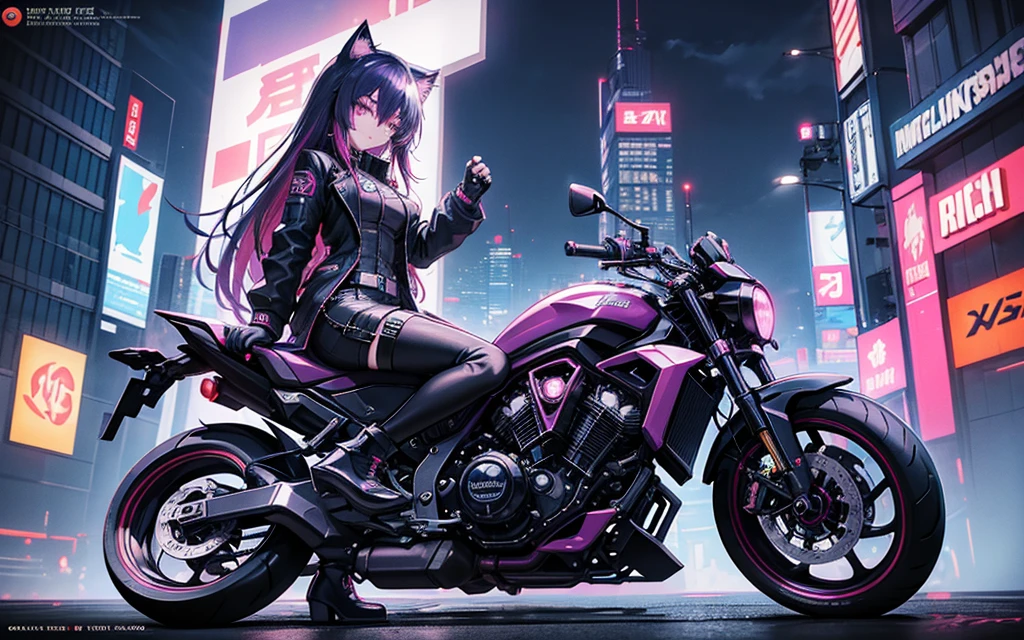 I imagine a cyberpunk world full of mystery and futurism. I imagine this anime girl on her cyberpunk motorcycle, surrounded by neon lights in a night city. His purple and black suit, The shiny chains and her red hair create an intriguing image. The motorcycle, with its shiny surface and cat-shaped helmet, adds a touch of enigma. It&#39;s like she&#39;s ready for an exciting nighttime adventure!! .