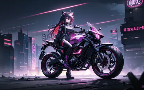 I imagine a cyberpunk world full of mystery and futurism. I imagine this anime girl on her cyberpunk motorcycle, surrounded by n...