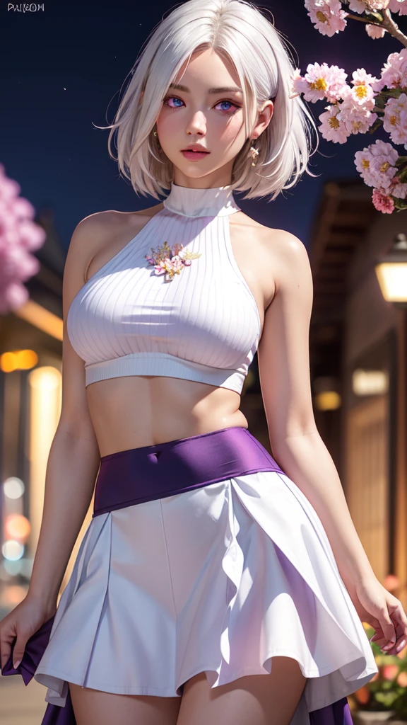 realistic, 1girl, white hair, purple eyes, glowing eyes, crop top, skirt, parted lips, blush, night, flowers, sun, sunlight,