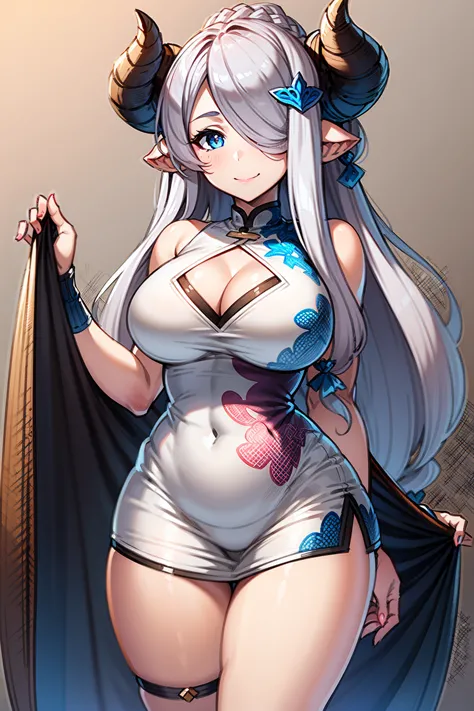 (((1 woman))), ((detailed blue eyes)), ((long silver hair)), large breasts, perfectly drawn body, narmaya, seductive smile, mini...