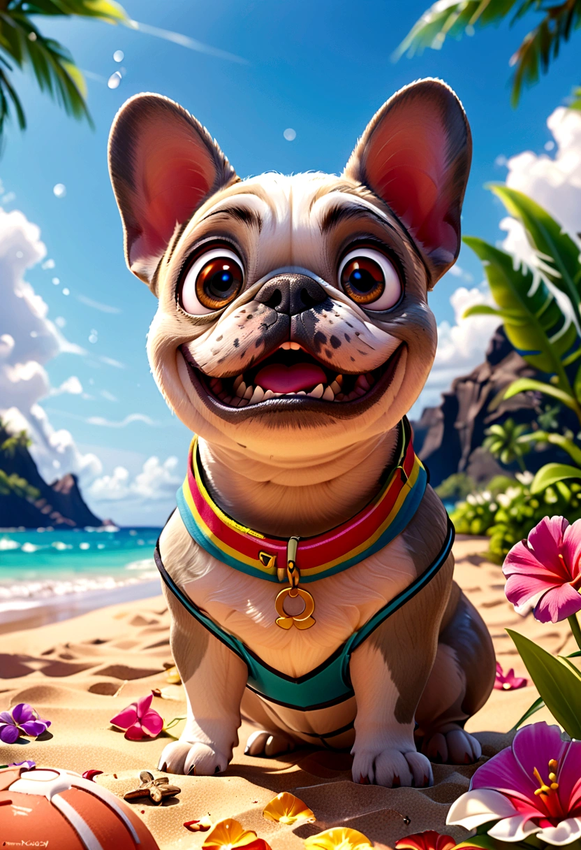 （Highest quality，4K，8K，High resolution，）Private beach in Hawaii at noon、Infinity symbol，3D Model，Colorful colors，Hawaii private beach background、pop，From the central viewer&#39;perspective、French Bulldog iid summer style，Tennis uniform，Fashion Style，To the beach、face、Under the chin、Stomach、head、feet、ear、all、Light grey skinned French bulldog，Very delicate
