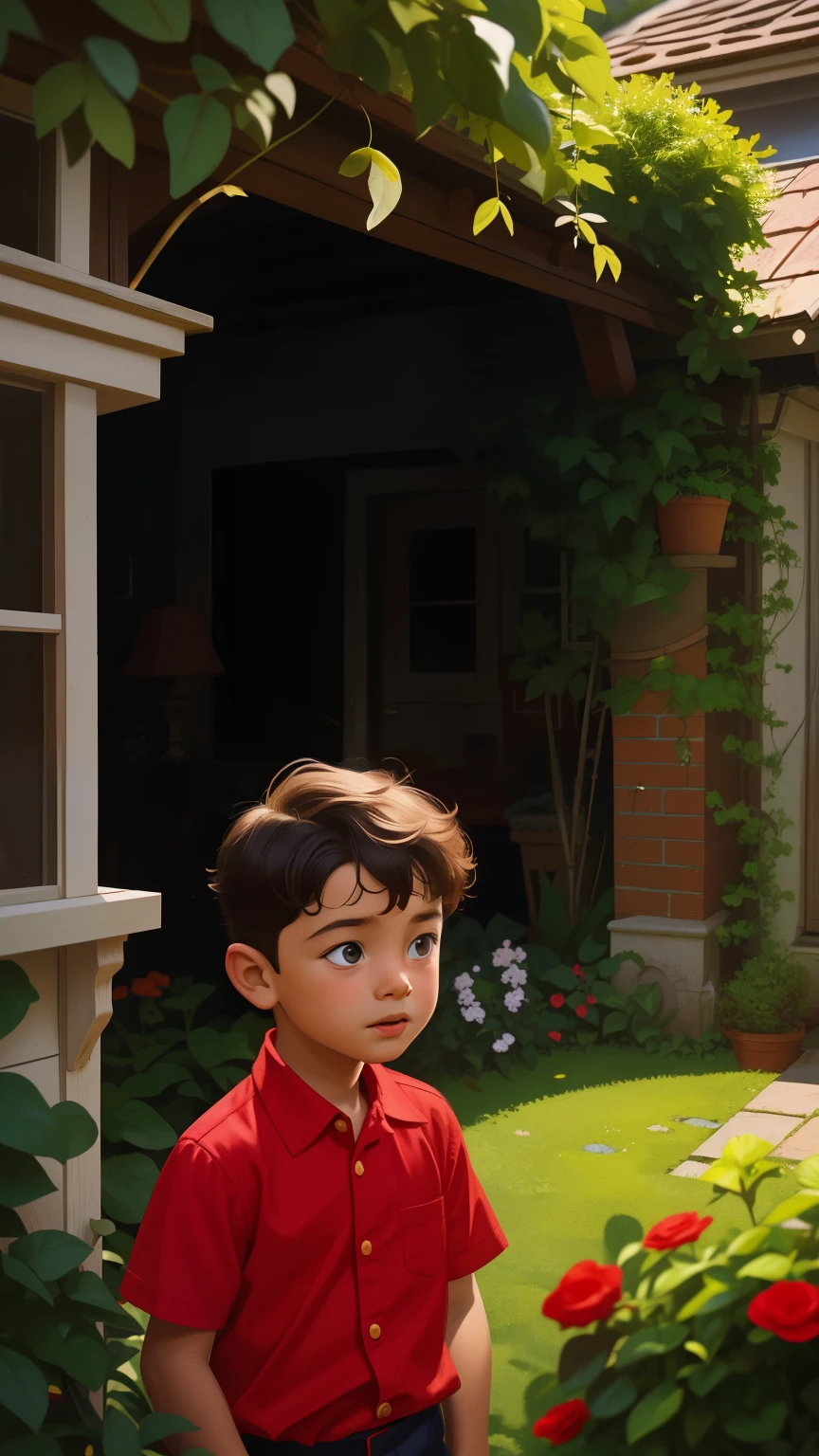 A realistic picture of a seven-year-old boy, He wears a red chemise . His face is childish and exploratory . He goes out cautiously into the garden of the house and finds a small cat among the bushes and touches it cautiously ,Without facing the camera, 