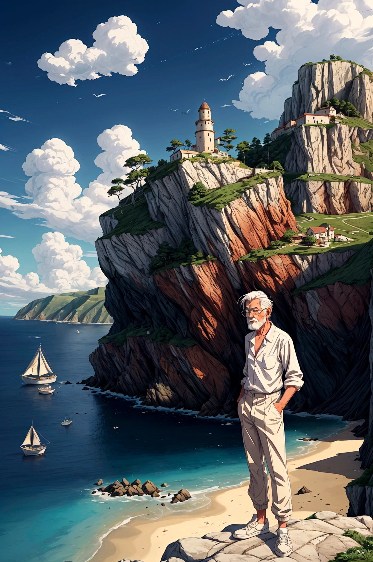 Create a high-quality anime-style image featuring an elderly man standing on a rocky cliff by the sea. The man has white hair, a beard, and is wearing round glasses. He is dressed in a white shirt, beige pants rolled up at the ankles, and white sneakers. His posture is relaxed, with his hands in his pockets, gazing thoughtfully into the distance.

The background consists of a clear blue sky filled with fluffy, white clouds. Below the cliff, there is a calm sea with boats and a small coastal village nestled at the foot of green, mountainous terrain. The scene captures a peaceful, reflective moment, with vibrant colors and detailed shading to emphasize the tranquil and contemplative atmosphere.