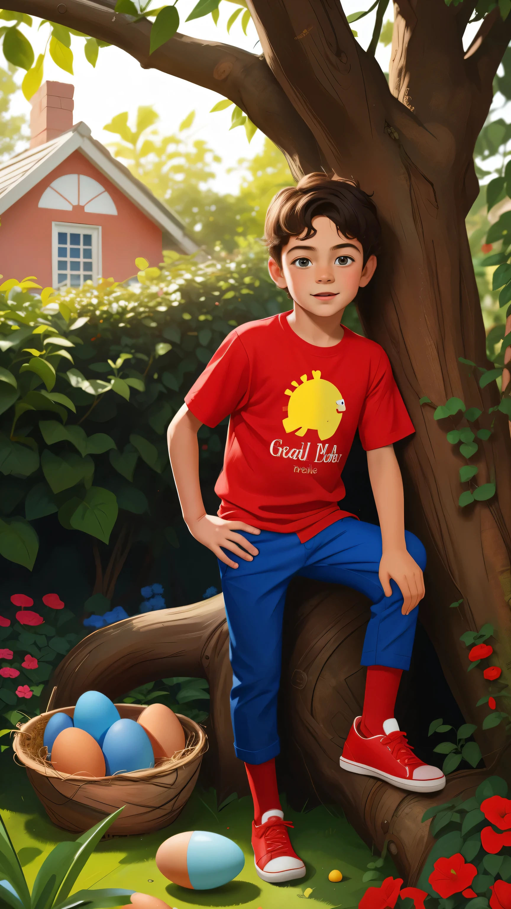 Realistisches Portrait eines siebenjährigen Jungen, er trägt ein rotes Hemd , kurze blaue Hose . Sein Gesicht ist kindlich und forschend . Der weitläufige Garten des Hauses, Nähert euch einem Baum , Ein Nest mit einigen Eiern