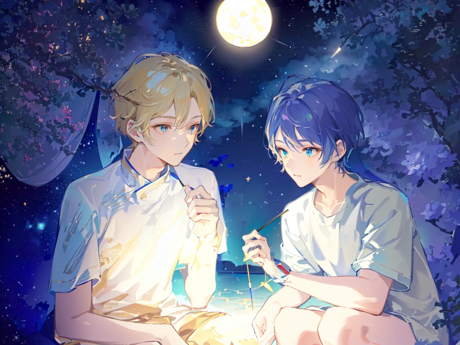 Two boys，The person on the left has blond hair，The person on the right has dark blue hair，White T-shirt，Background is starry sky，night，Beautiful starry sky，Hold a fireworks stick，hanabi，Hanabi，The right light and shadow，8K，Correct human body，Detailed eye painting，illustration，Highest quality，Exquisite，Detailed face，Masterpiece，flat chest，Slim，young，16 years old，High-end，Hand Painted，Official Fanart, Visual novel, Anime style，Girly Romance, Produced by Anime Painter Studio，masterpiece, best quality, Sharp focus, Intricate details, Perfect, Golden Ratio Composition, 8K resolution, High resolution, fair, fair sky, Vibrant pastel colors, Vibrant colors