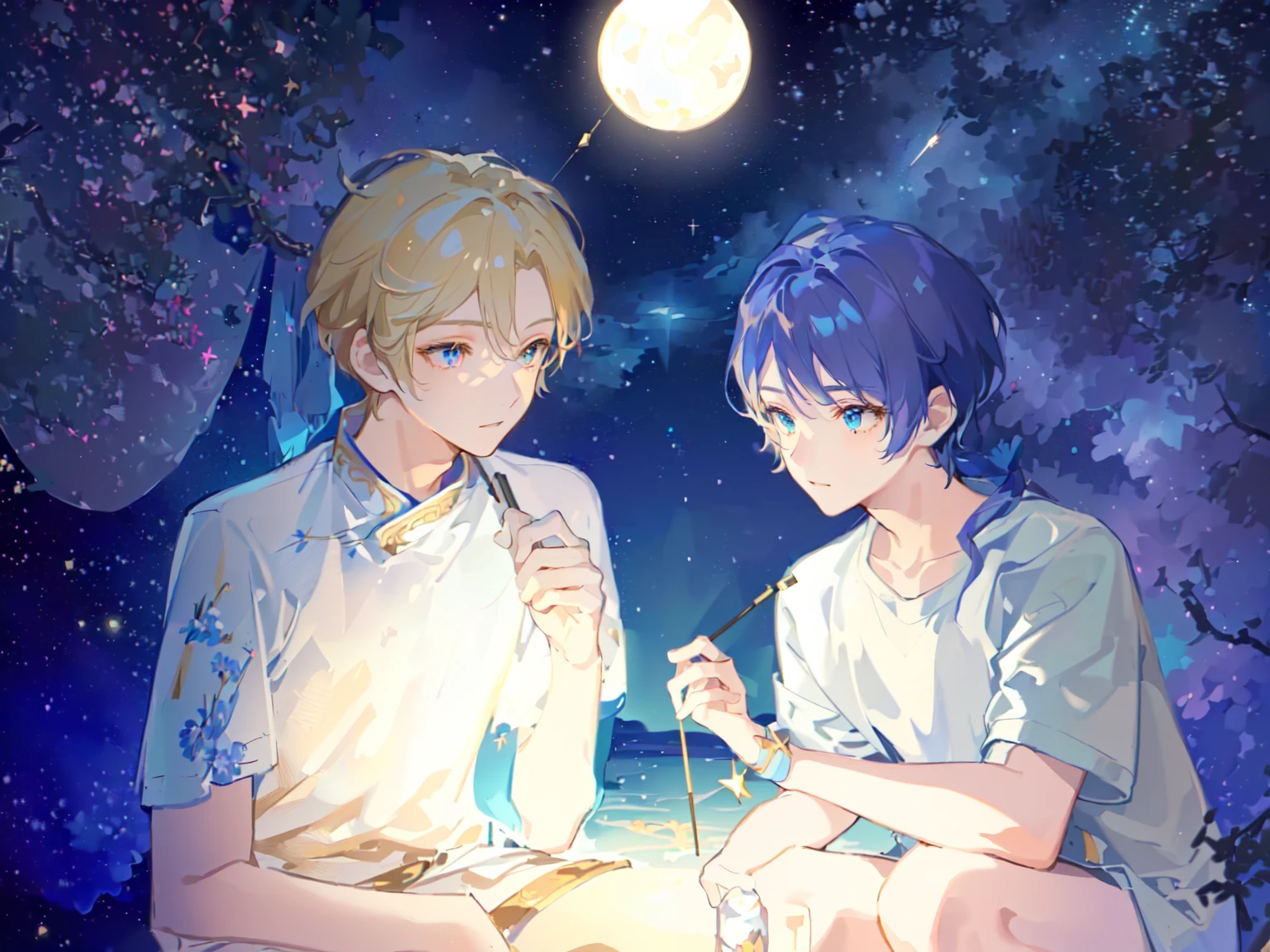 Two boys，The person on the left has blond hair，The person on the right has dark blue hair，White T-shirt，Background is starry sky，night，Beautiful starry sky，Hold a fireworks stick，hanabi，Hanabi，The right light and shadow，8K，Correct human body，Detailed eye painting，illustration，Highest quality，Exquisite，Detailed face，Masterpiece，flat chest，Slim，young，16 years old，High-end，Hand Painted，Official Fanart, Visual novel, Anime style，Girly Romance, Produced by Anime Painter Studio，masterpiece, best quality, Sharp focus, Intricate details, Perfect, Golden Ratio Composition, 8K resolution, High resolution, fair, fair sky, Vibrant pastel colors, Vibrant colors