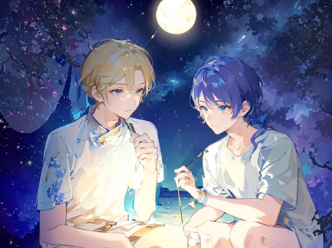 Two boys，The person on the left has blond hair，The person on the right has dark blue hair，White T-shirt，Background is starry sky...