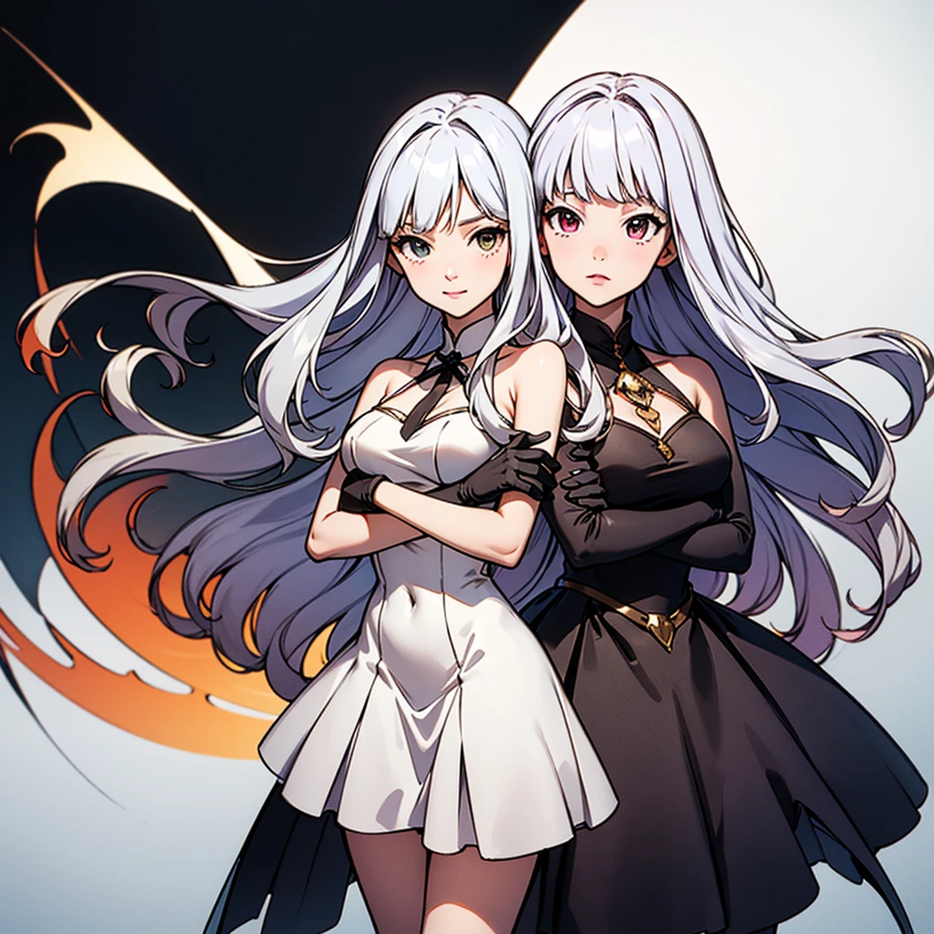 airy, bravely default, black gloves, high heels,  FernFrieren, very long hair, heterochromia  eyes, different coloured left and right eyes, red right eye, and purple left eye, each other eye is coloured another  different, red or purple colour, (gold pupils), looking down, straight-on, expressionless, crossed arms, standing, looking at viewer, large breasts,, ultra detailed, masterpiece, best quality, aesthetic, detailed, silver hair, white dress