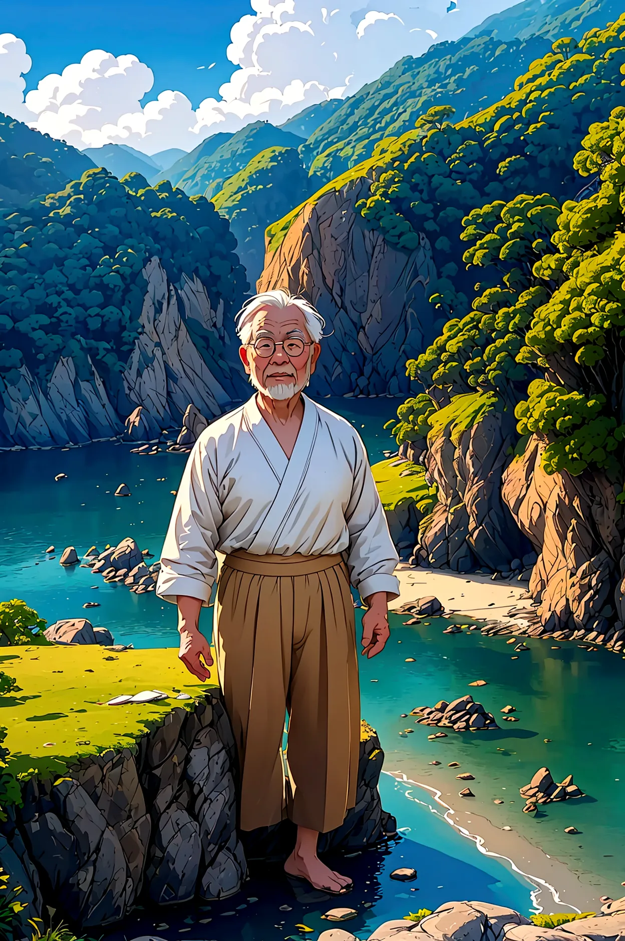 create a high-quality anime-style image featuring an elderly man standing on a rocky cliff by the sea. the man has white hair, a...