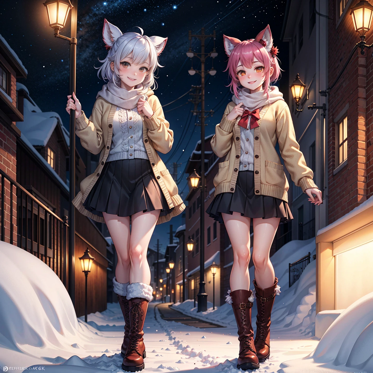 (masterpiece:1.2), best quality, highres, original, (extremely detailed:1.2), ultra-detailed, wallpaper, perfect lighting,(extremely detailed CG:1.2), 8k, anime illustration, 1girl, solo, smiling, (winter outfit:1.2), standing on the street, (knit cardigan:1.1), (bowknot on cardigan:1.25), knee-length skirt, (Ruffled hemline:1.3), winter boots, {delicate|detailed}clothes, (anatomically correct:1.34), close-up, full-body, looking at viewer, frontal, snowy street, (streetlight:1.17), city background, night, unity 4k