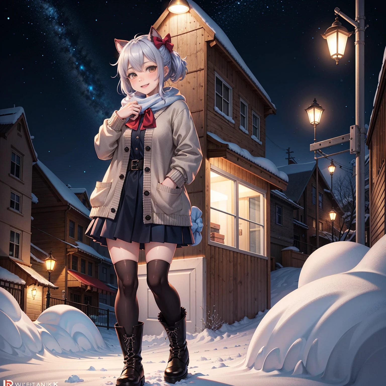 (masterpiece:1.2), best quality, highres, original, (extremely detailed:1.2), ultra-detailed, wallpaper, perfect lighting,(extremely detailed CG:1.2), 8k, anime illustration, 1girl, solo, smiling, (winter outfit:1.2), standing on the street, (knit cardigan:1.1), (bowknot on cardigan:1.25), knee-length skirt, (Ruffled hemline:1.3), winter boots, {delicate|detailed}clothes, (anatomically correct:1.34), close-up, full-body, looking at viewer, frontal, snowy street, (streetlight:1.17), city background, night, unity 4k