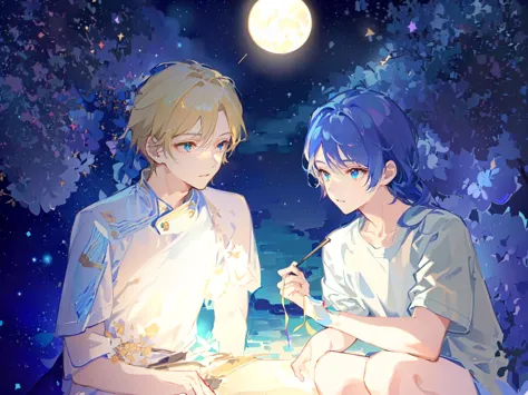 Two boys，The person on the left has blond hair，The person on the right has dark blue hair，White T-shirt，Background is starry sky...