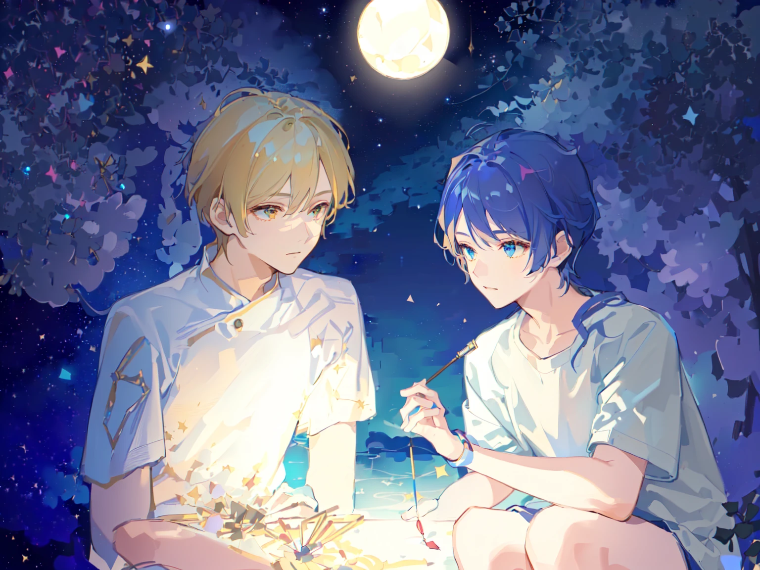 Two boys，The person on the left has blond hair，The person on the right has dark blue hair，White T-shirt，Background is starry sky，night，Beautiful starry sky，Hold a fireworks stick，hanabi，Hanabi，The right light and shadow，8K，Correct human body，Detailed eye painting，illustration，Highest quality，Exquisite，Detailed face，Masterpiece，flat chest，Slim，young，16 years old，High-end，Hand Painted，Official Fanart, Visual novel, Anime style，Girly Romance, Produced by Anime Painter Studio，masterpiece, best quality, Sharp focus, Intricate details, Perfect, Golden Ratio Composition, 8K resolution, High resolution, fair, fair sky, Vibrant pastel colors, Vibrant colors