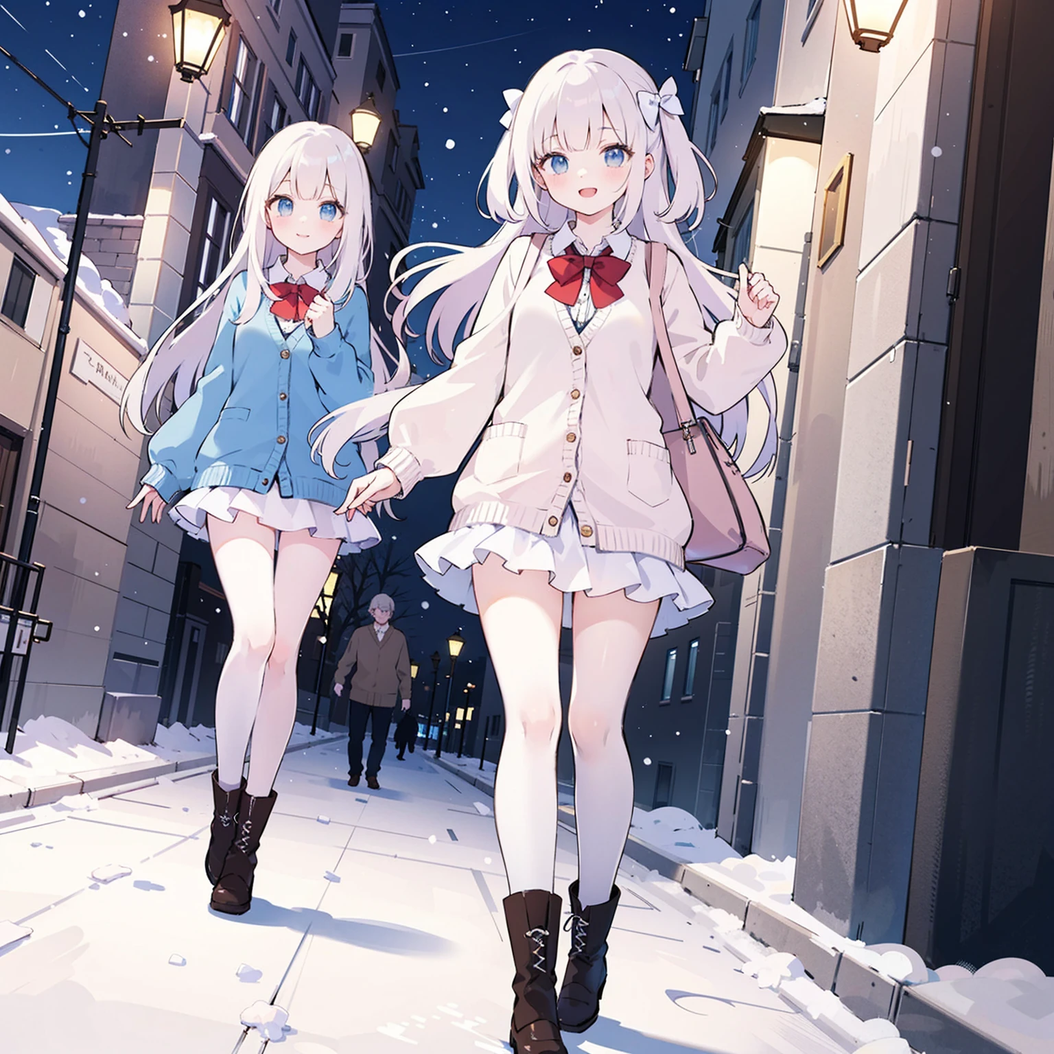 (masterpiece:1.2), best quality, highres, original, (extremely detailed:1.2), ultra-detailed, wallpaper, perfect lighting,(extremely detailed CG:1.2), 8k, anime illustration, 1girl, solo, smiling, (winter outfit:1.2), standing on the street, (knit cardigan:1.1), (bowknot on cardigan:1.25), knee-length skirt, (Ruffled hemline:1.3), winter boots, {delicate|detailed}clothes, (anatomically correct:1.34), close-up, full-body, looking at viewer, frontal, snowy street, (streetlight:1.17), city background, night, unity 4k