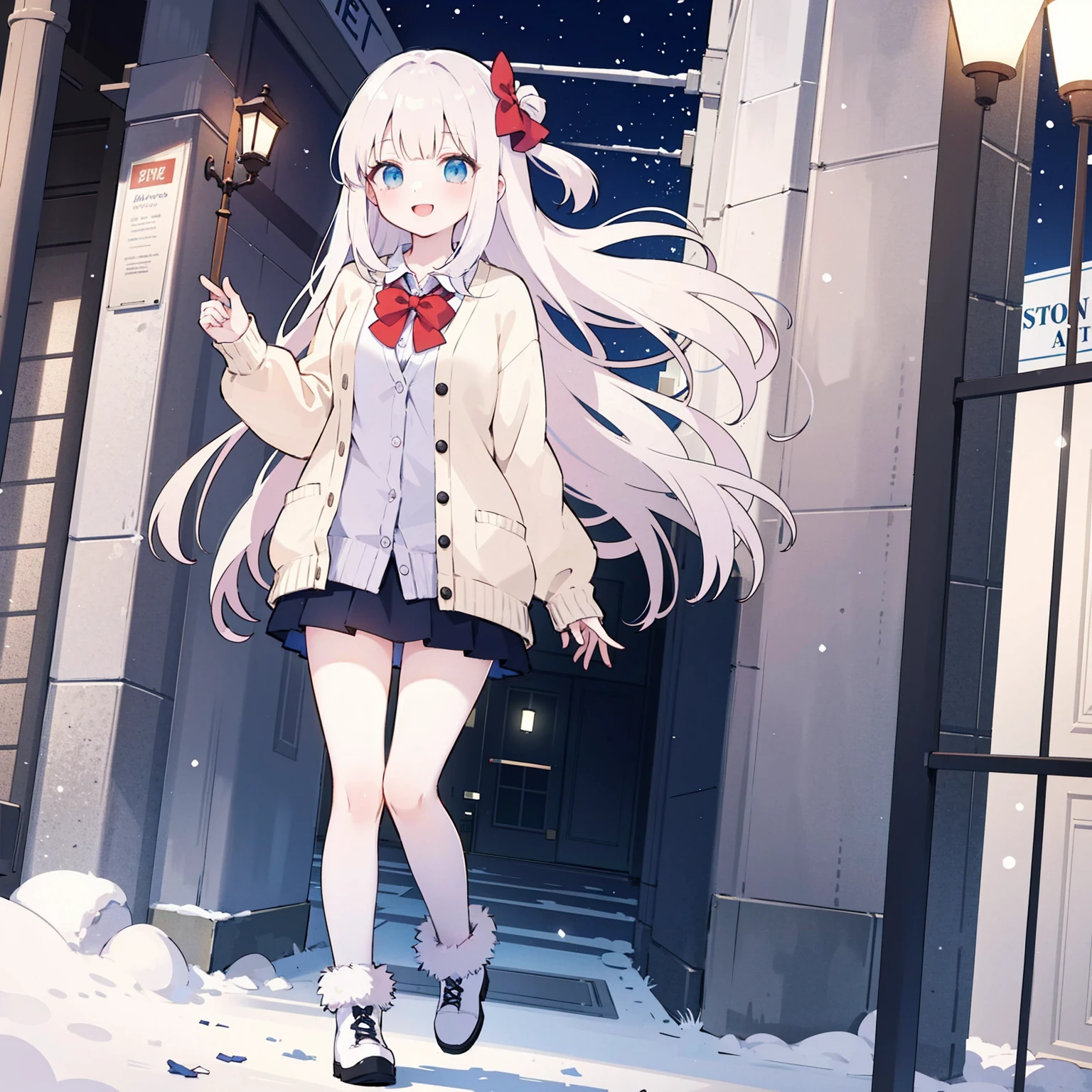 (masterpiece:1.2), best quality, highres, original, (extremely detailed:1.2), ultra-detailed, wallpaper, perfect lighting,(extremely detailed CG:1.2), 8k, anime illustration, 1girl, solo, smiling, (winter outfit:1.2), standing on the street, (knit cardigan:1.1), (bowknot on cardigan:1.25), knee-length skirt, (Ruffled hemline:1.3), winter boots, {delicate|detailed}clothes, (anatomically correct:1.34), close-up, full-body, looking at viewer, frontal, snowy street, (streetlight:1.17), city background, night, unity 4k