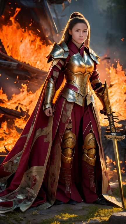 intricate detailed armor, beautiful woman, strong, sword, fire sword, masterpiece, best quality, crisp detail, high definition, high detail))), 17 years old girl wearing golden armor, japan style heavy armor, full body armor, long straight haie, carnage, holding japan fire sword, in epic war, fire and smoke everywhere, death anywhere