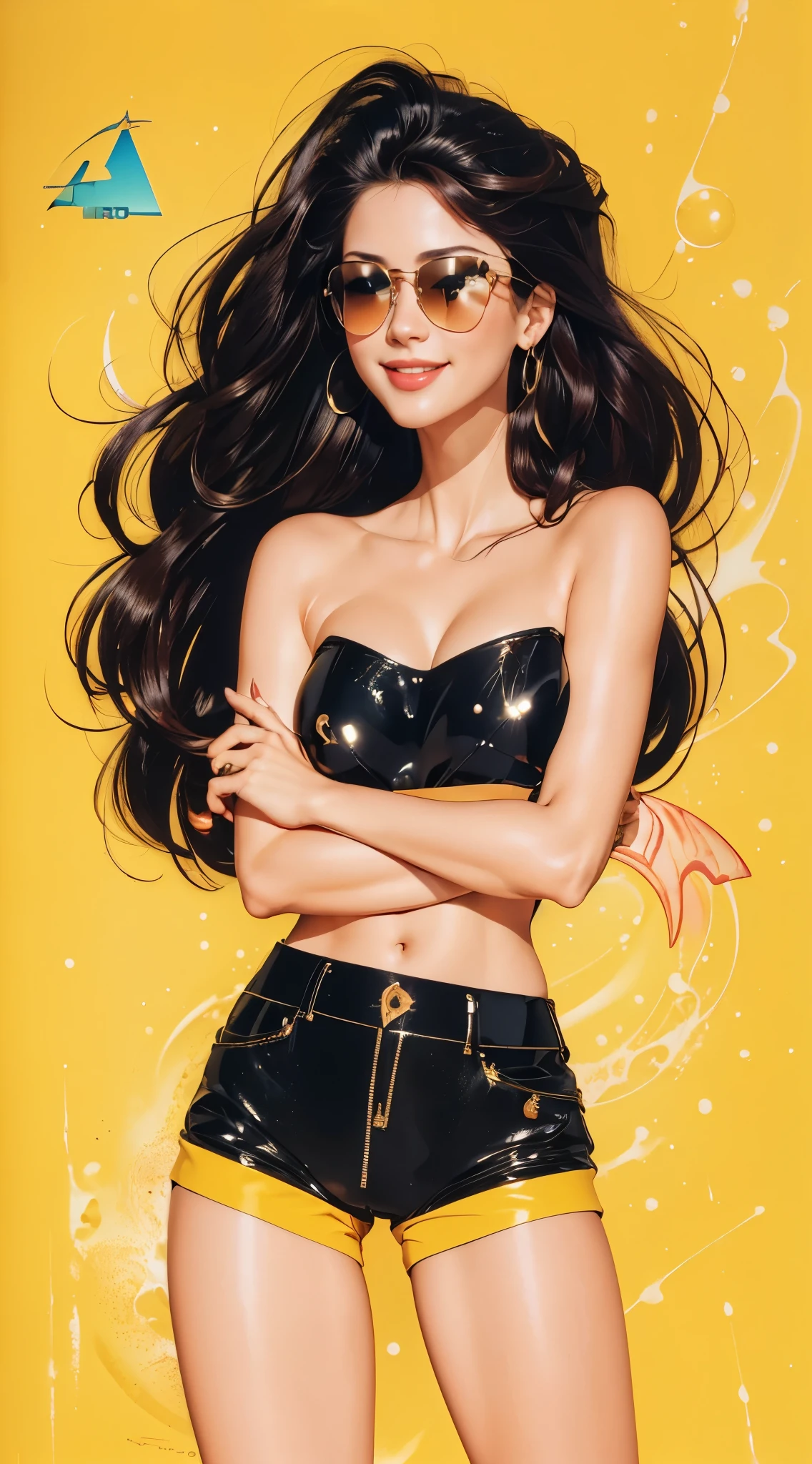 (best quality,4k,8k,highres,masterpiece:1.2),ultra-detailed,(realistic,photorealistic,photo-realistic:1.37),illustration by artgerm and gerald brom, attractive woman, perfect body, big smile, dark sunglasses, hyperfeminine curves, cute and playful pose, vibrant, expressive