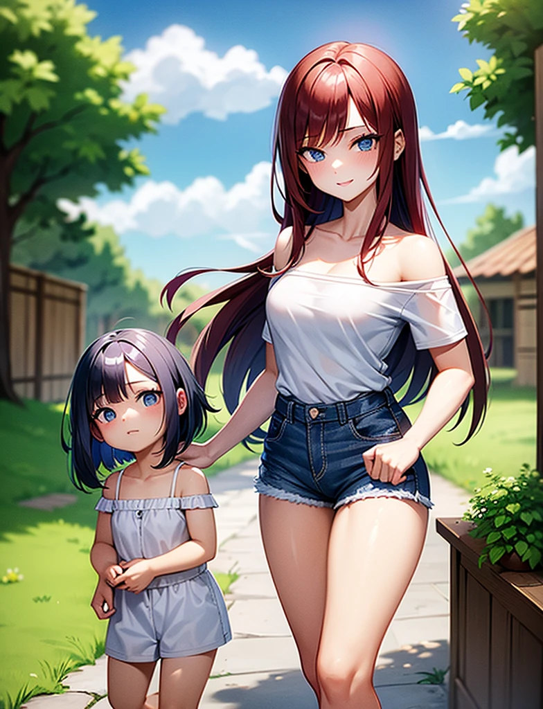 sexy young girl, long hair strong red hair, de blue eyes, Short white off-the-shoulder shirt, bright blue short jean shorts, mirada happy, happy, short brown boots, walking, con su hija pequeña de cabello gris de blue eyes, little daughter gray hair, blue eyes