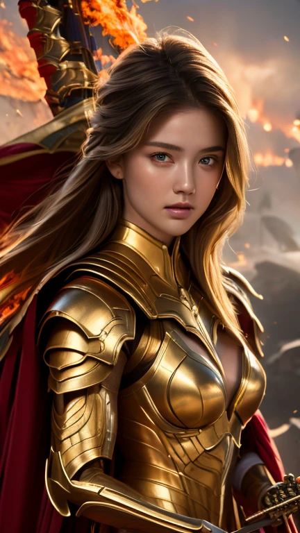 super impressive realistic photo at maximal core, close-up, the most beautiful european white girl with a beautiful flawles face from the care of the world's best dermatologist, beautiful hairstyles from the world's best hairdressers, intricate detailed armor, beautiful woman, strong, sword, fire sword, masterpiece, best quality, crisp detail, high definition, high detail))), 17 years old girl wearing golden armor, japan style heavy armor, full body armor, long straight haie, carnage, holding japan fire sword, in epic war, fire and smoke everywhere, death anywhere