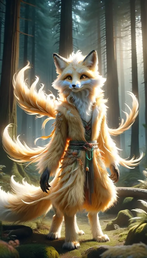 high resolution、8k、standing in a moonlit forest clearing、the majestic and mysterious white-faced, golden-haired, nine-tailed fox...