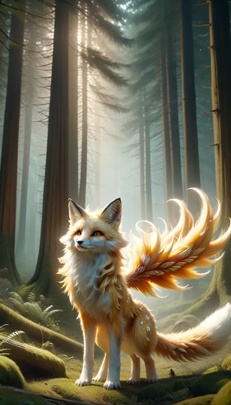 high resolution、8k、standing in a moonlit forest clearing、the majestic and mysterious white-faced, golden-haired, nine-tailed fox...