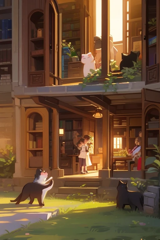 귀여운 고양이와 소녀，오래된 도서관에서，관엽 식물，창밖으로 비치는 석양，휴일，
