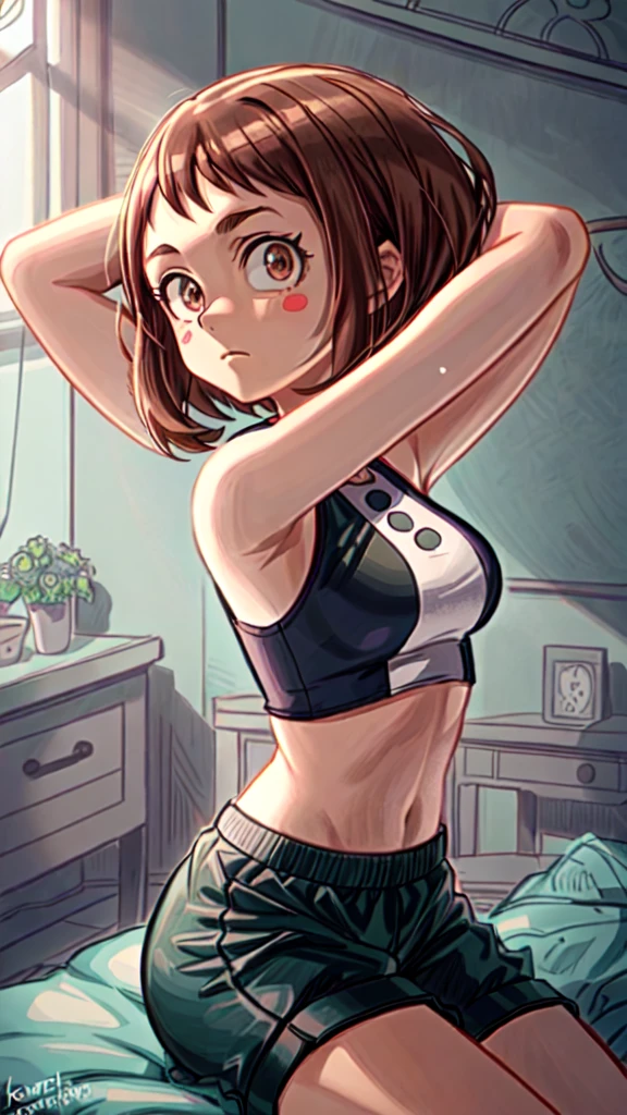 [ochako uraraka], [Boku no hero academia], ((masterpiece)), ((HD)), ((high quality)), ((solo portrait)), ((side view)), ((upper body)), ((anime)), ((Kohei Horikoshi)), ((detailed shading)), ((cel shading)), ((intricate details)), {ochako, (rosy cheeks), (big round brown eyes), short brown hair, short eyelashes, large , (gorgeous hips), (beautiful legs), (expressionless), (calm)}, {(white crop top), (black booty shorts)}, {(on bed), (head on pillow), (hands behind head), (looking at viewer)}, [Background; (bedroom), (sun rays)]