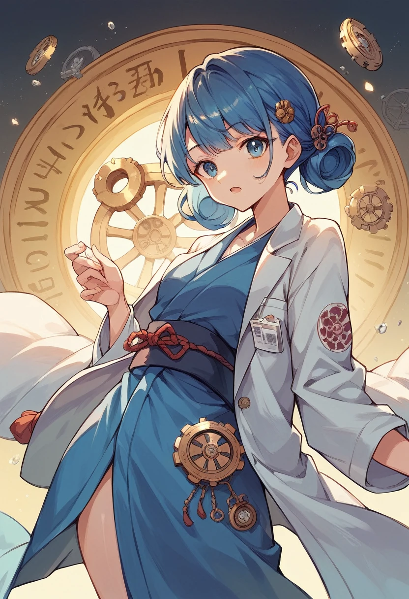Personaje de estilo japonés kimono azul.、bata de laboratorio blanca、engranajes dorados