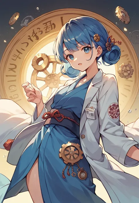 Japanese style character Blue kimono、White Lab Coat、Golden gears