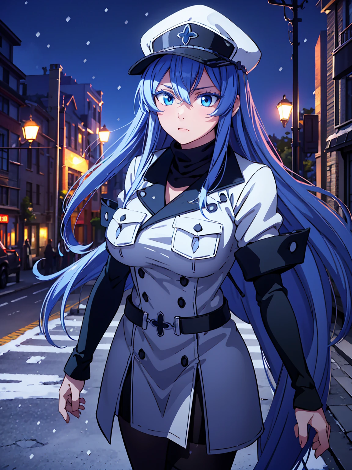 a girl with long blue hair, blue eyes, blue eyelashes, big breasts, white sweatshirt with a hat, walking, upset, on a street in Russia, snowing heavily, at night, (best quality,4k,8k,highres,masterpiece:1.2),ultra-detailed,(realistic,photorealistic,photo-realistic:1.37),HDR,UHD,studio lighting,extreme detail description,vivid colors,portrait,dramatic lighting,cold color tone