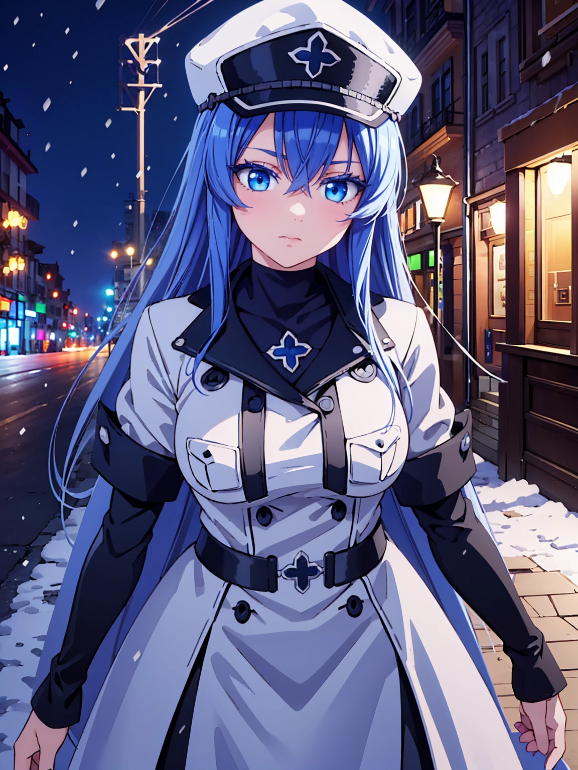 a girl with long blue hair, blue eyes, blue eyelashes, big breasts, white sweatshirt with a hat, walking, upset, on a street in Russia, snowing heavily, at night, (best quality,4k,8k,highres,masterpiece:1.2),ultra-detailed,(realistic,photorealistic,photo-realistic:1.37),HDR,UHD,studio lighting,extreme detail description,vivid colors,portrait,dramatic lighting,cold color tone