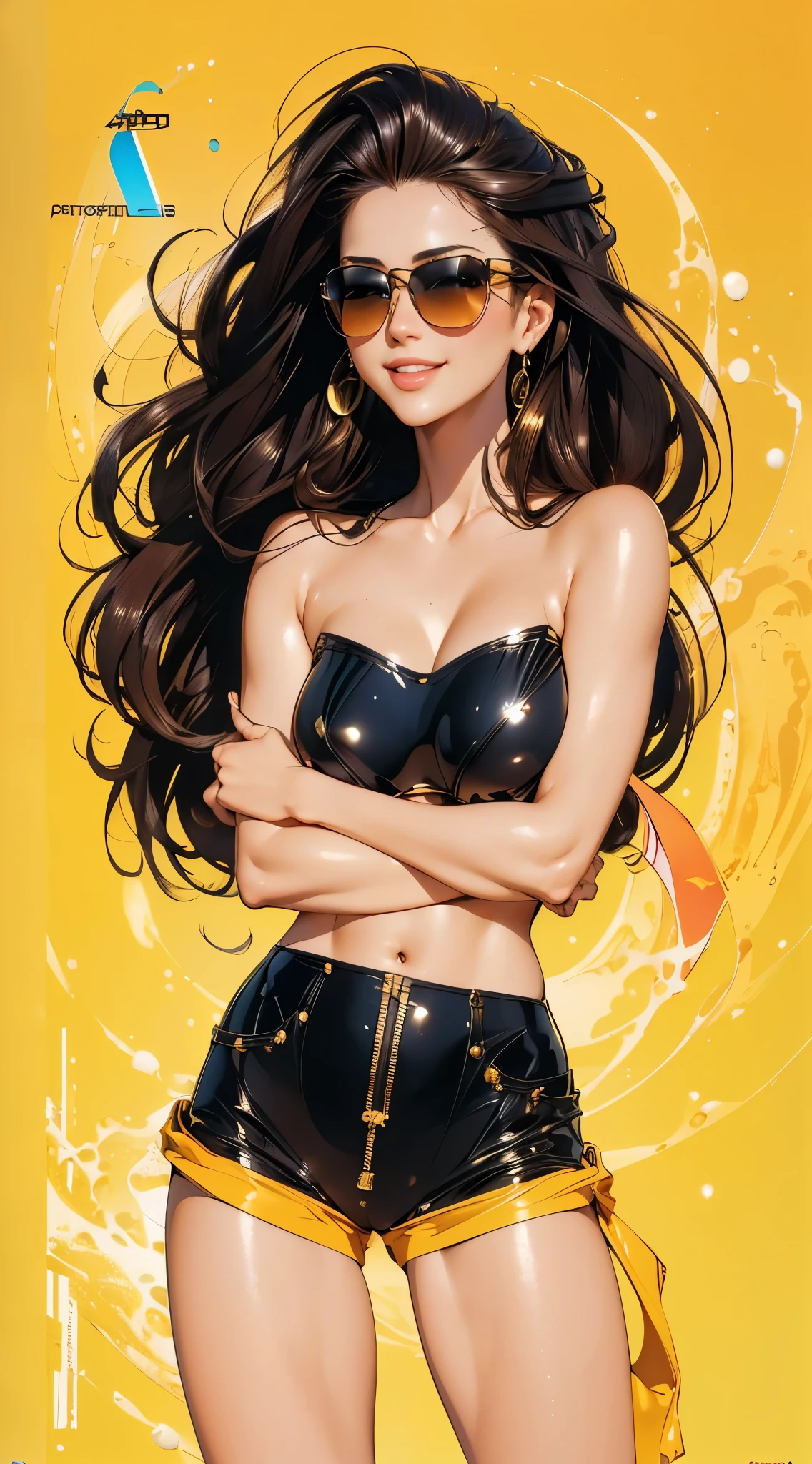 (best quality,4k,8k,highres,masterpiece:1.2),ultra-detailed,(realistic,photorealistic,photo-realistic:1.37),illustration by artgerm and gerald brom, attractive woman, perfect body, big smile, dark sunglasses, hyperfeminine curves, cute and playful pose, vibrant, expressive