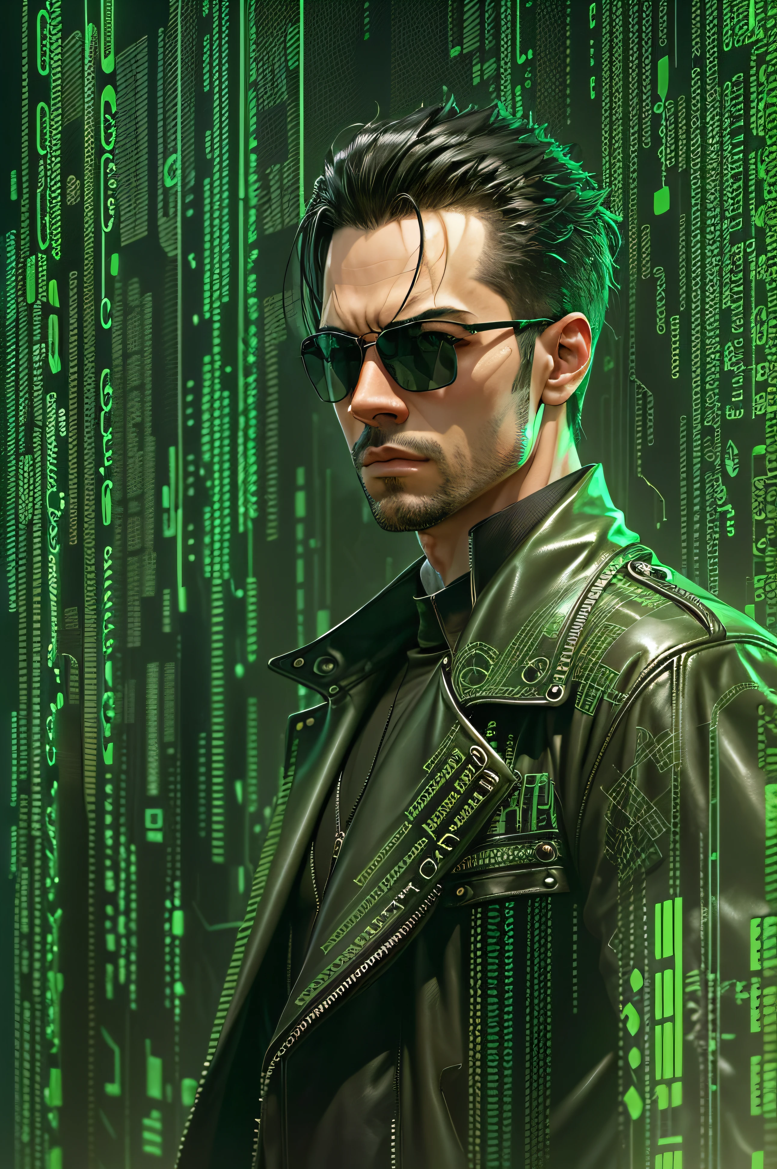 Generate a half-length portrait of a man wearing sunglasses, dressed in a leather trench shelter reminiscent of the characters from 'The Matrix', on a background of cascading fluorescent green letters, movie style. Pay meticulous attention to (((intricate details))) like sunglasses, shelter, and the texture of cascading letters. ambition ((Extreme quality of details)) to capture the essence of the &#39;Matrix&#39; aesthetic. Create a ((complex composition)) conveying the film&#39;s iconic cyberpunk atmosphere.